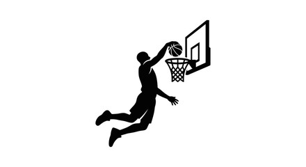 Black silhouette of a basketball player performing a powerful slam dunk into the hoop. © Tuju