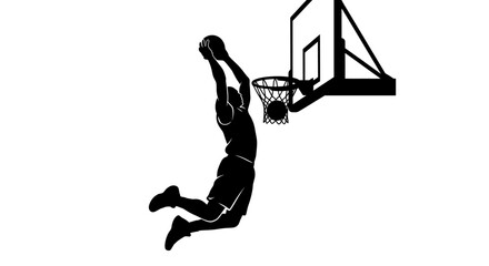Silhouette of a basketball player performing a powerful slam dunk into the hoop. © Tuju