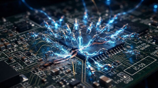 Futuristic Nanobots Repairing or Attacking Microchip on Circuit Board with Blue Electric Sparks
