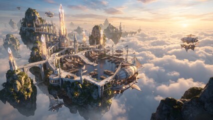 Fototapeta premium Fantasy Floating Sky Harbor with Airships and Crystal Towers Above the Clouds