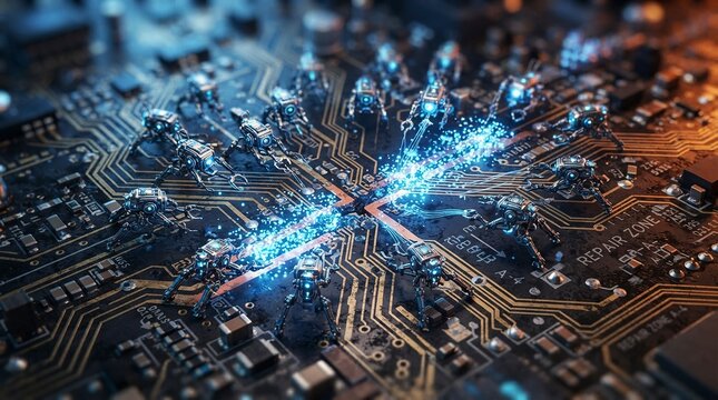 Futuristic Nanobots Repairing a Microchip Circuit Board with Glowing Blue Energy and Nanotechnology