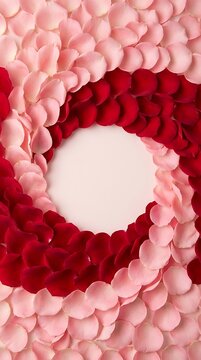 Gradient red and pink rose petals arrange in a circular frame.