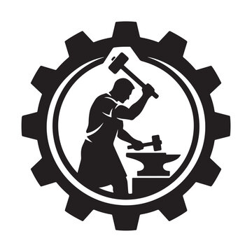Black solid silhouette of a blacksmith striking an anvil with a hammer inside a circular industrial gear frame isolated on white background
