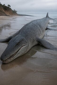 Stranded Mosasaurus on a Prehistoric Beach