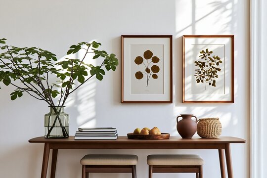 Modern entryway console table with botanical art, vases, and fruit, creating a warm and inviting Scandinavian-inspired home decor scene