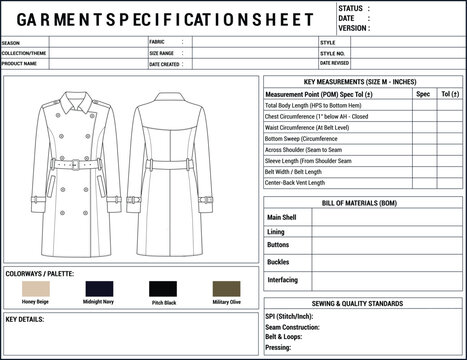 Double Breasted Trench Coat Fashion Tech Pack Specification Sheet