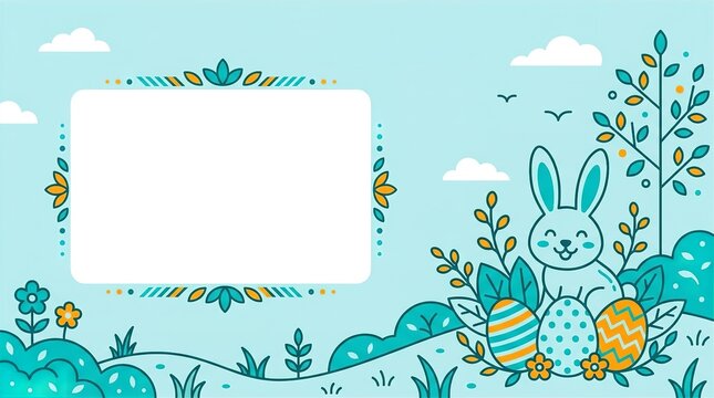 Cute Easter Bunny Floral Frame with Blank Copy Space, Spring Holiday Background Illustration