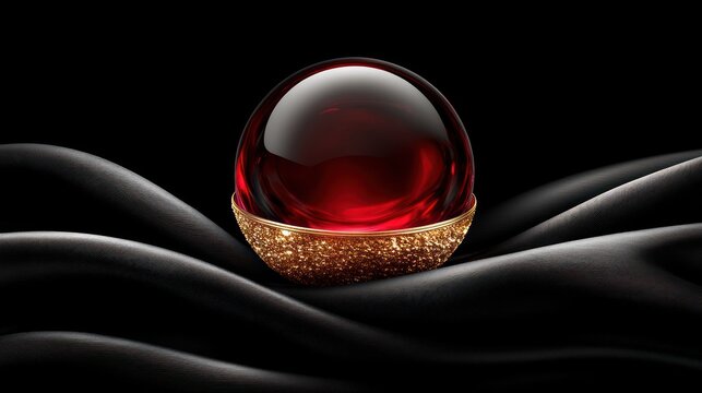 A shining red orb atop smooth black waves creates a captivating display