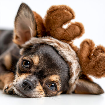 Adorable small dog wearing a reindeer antler headband lying down on a white background