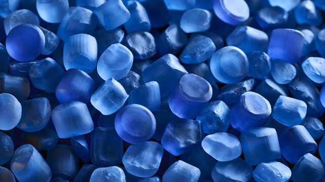 Close up macro view of blue translucent polypropylene plastic resin granules pellets raw material for industrial chemical manufacturing manufacturing process concept