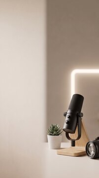 Minimalist podcast and live streaming studio setup background featuring a professional microphone, camera lens, and plant on a warm beige desk. Vertical layout with large empty copy space on the left 