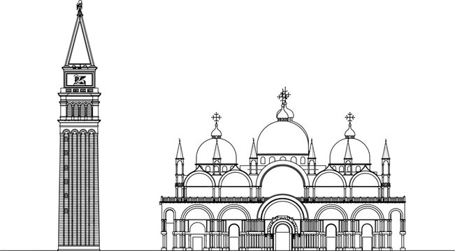 Venice St Marks Basilica and Campanile architecture line art vector illustration