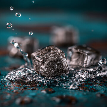 Melting ice cubes with water splashes and droplets on a dark turquoise surface