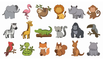 Naklejka premium Cute Zoo Animals Vector Set Flat Cartoon Wild Safari Jungle Icons Collection Elephant Lion Gorilla Cat Fox Kangaroo for Kids Design