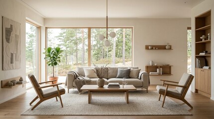 Fototapeta premium Cozy Living Room with Fireplace and Scenic Forest View