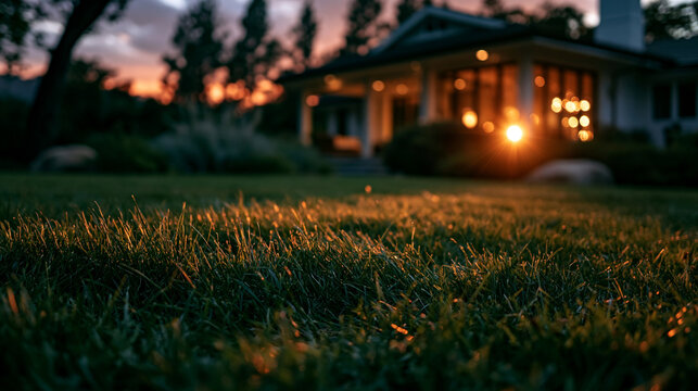 Cozy home exterior illuminated at dusk with warm glowing lights on the lawn