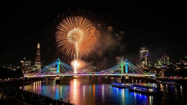Golden fireworks exploding over Albert Bridge on River Thames with Shard skyline background in London, UK New Year and festival celebration.