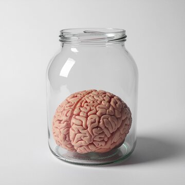 Human brain model inside a clear glass jar studio view