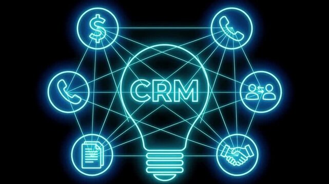 Neon light CRM bulb with business icons on black background, customer relationship management, omnichannel sales and marketing automation concept.
