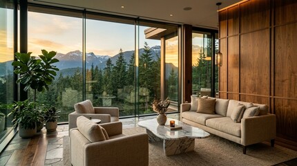 Fototapeta premium Luxury Mountain View Living Room with Sunset and Forest Scenery
