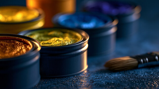 Colorful paint jars and artist brush arranged on dark textured workbench with art supplies