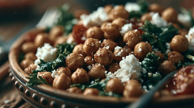 Roasted chickpea salad with kale and feta cheese in a clay bowl