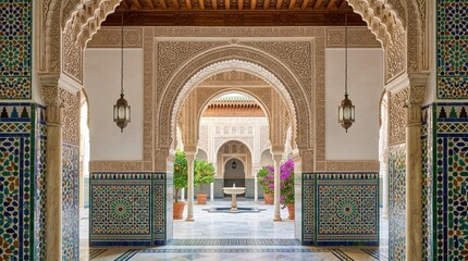 Fototapeta premium Moorish architecture courtyard with arches, tiles, fountain, and plants