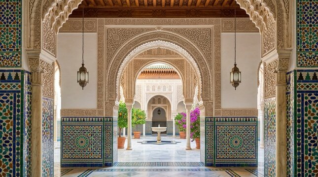 Moorish architecture courtyard with arches, tiles, fountain, and plants