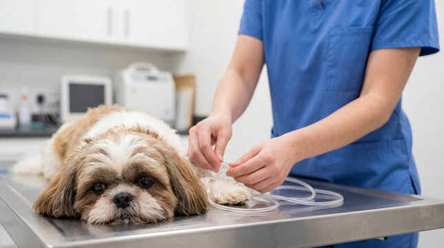 Dog receiving veterinary care in veterinary clinic, creative anthropomorphic lifestyle scene showing animal behavior, responsible care, wellbeing, humane values, education, modern lifestyle