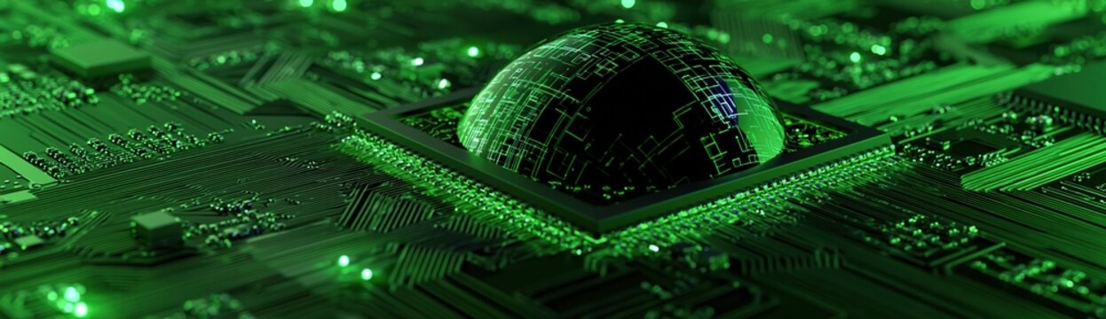Abstract Green Circuit Board with Globe Element Symbolizing Global Technology and Innovation