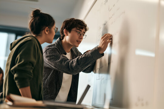 Young student writing on whiteboard while classmate watches closely in bright classroom, focused teamwork, collaborative learning, academic planning, brainstorming, discussion, and problem solving