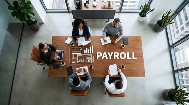 Diverse business team collaborating during a modern corporate payroll meeting