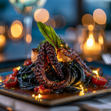 Grilled octopus tentacle served over dark squid ink pasta with tomatoes and herbs