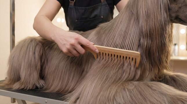 Horse grooming in veterinary clinic, creative anthropomorphic lifestyle scene exploring animal behavior, responsible care, companionship, wellbeing, humane values, education, modern lifestyle