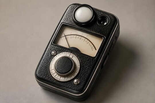 Vintage Light Meter With Analog Needle Gauge Textured Casing Adjustment Dial And Optical Sensor Display