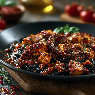 Spicy octopus dish served with dark noodles and tomatoes in a black plate