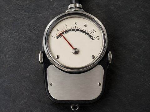 Analog Photographic Exposure Meter With Circular Needle Indicator Mechanical Dial Metallic Trim And Blank Faceplate
