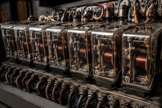 Vintage Electromechanical Relay Bank With Transparent Covers Copper Coils Mechanical Contacts And Organized Wiring Display