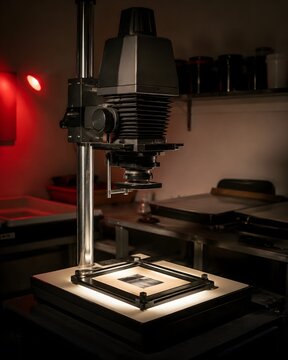 Vintage Analog Photographic Enlarger With Bellows Lens Board Metal Column And Illuminated Baseboard Studio Equipment