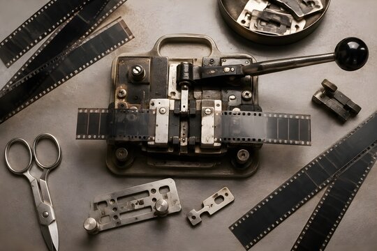 Vintage Film Splicer With Cutting Blade Metal Guides Sprocket Alignment Hardware And Blank Film Strips