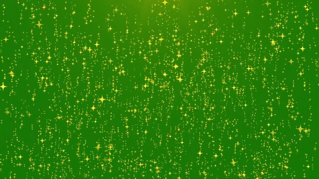 Rain of golden glitter star with magic light, gold glitter stars particles background overlay, waterfalls of golden glitter sparkle stars on green background seamless loop 4k animation