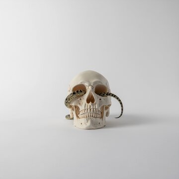 Studio view of human skull with crawling snake indoors