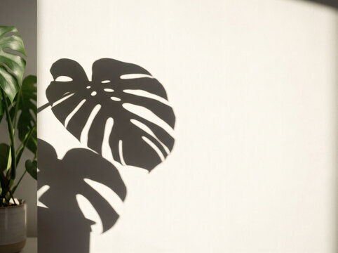 Minimalist monstera leaf shadow cast on warm beige wall background