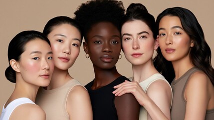 Obraz premium Diverse group of women with flawless skin and subtle makeup showcasing beauty standards and diversity