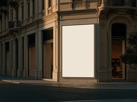 Blank storefront billboard on a classic European building corner, ready for advertising or branding.