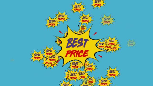 Bright cartoon explosion with 'Best Price' promotional message
