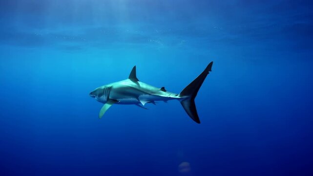 Shark swimming through deep blue ocean water with streamlined body movement and dorsal fin visible during underwater marine wildlife passage across open sea environment