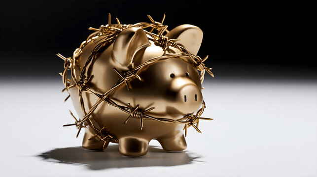 Golden piggy bank wrapped with rusty barbed wire isolated on dark background frozen asset financial crisis investment risk security concept