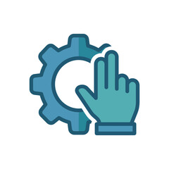 Fototapeta premium Hand cursor clicking on a blue gear icon representing settings, configuration, or IT support.