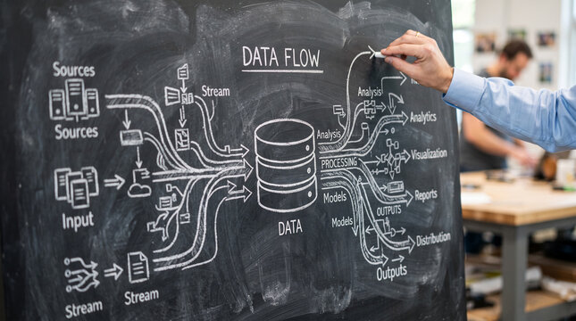 Chalk drawing of a data flow diagram on a blackboard, showing processes and connections, representing information management and workflow.